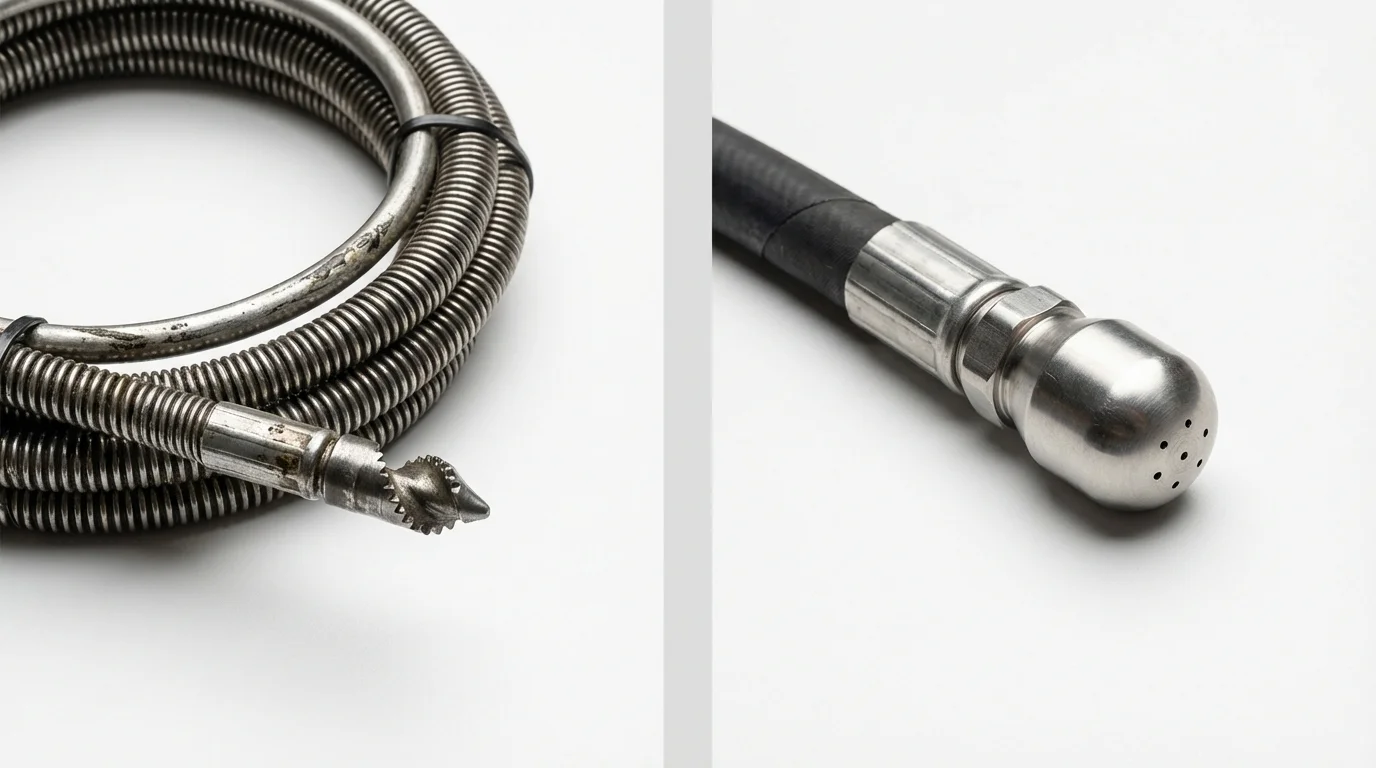 Drain snake cable and hydro jetting nozzle used for drain cleaning in McMinnville, TN