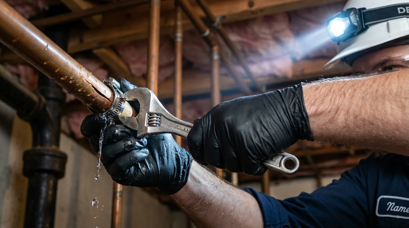 Emergency pipe clamp repair being performed by a Johns Plumbing LLC plumber in McMinnville