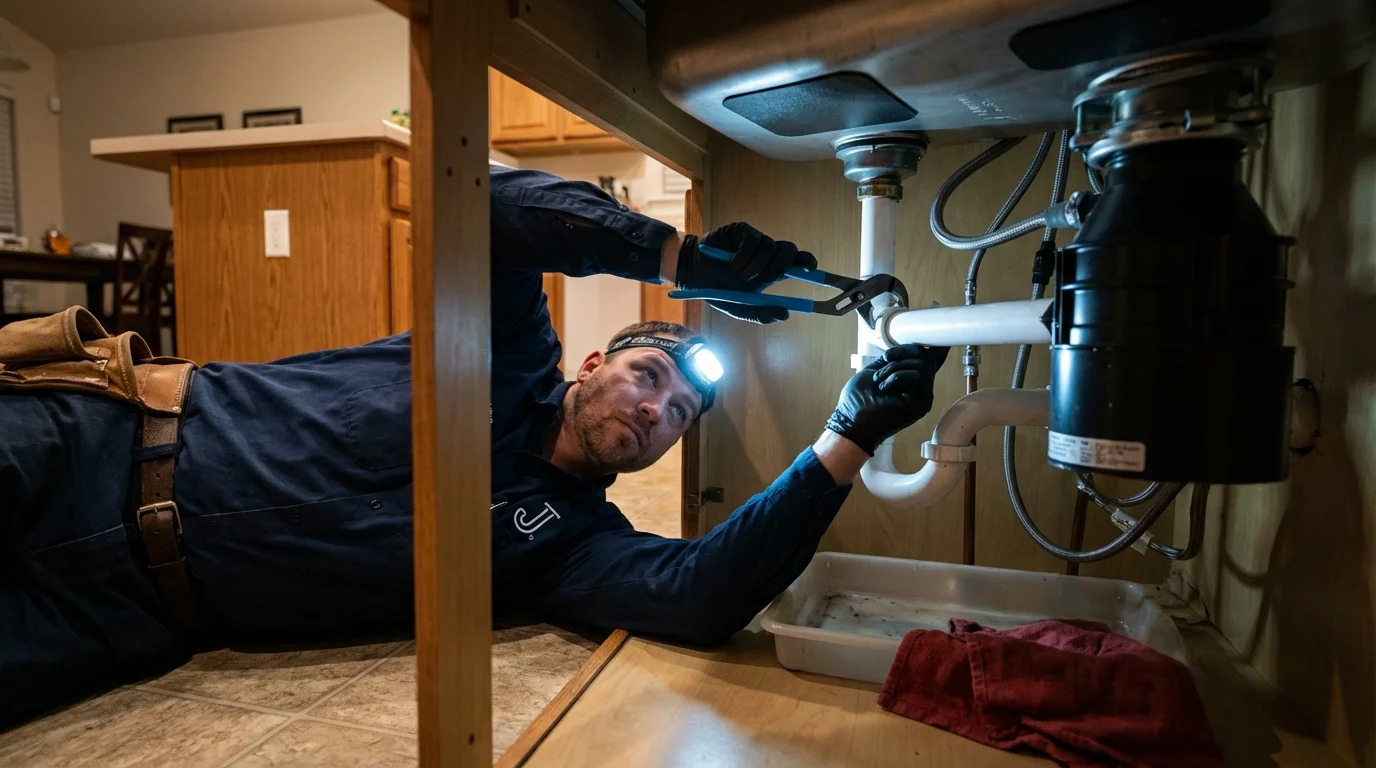 P-trap and supply line connections under a kitchen sink showing a common leak point in McMinnville, TN